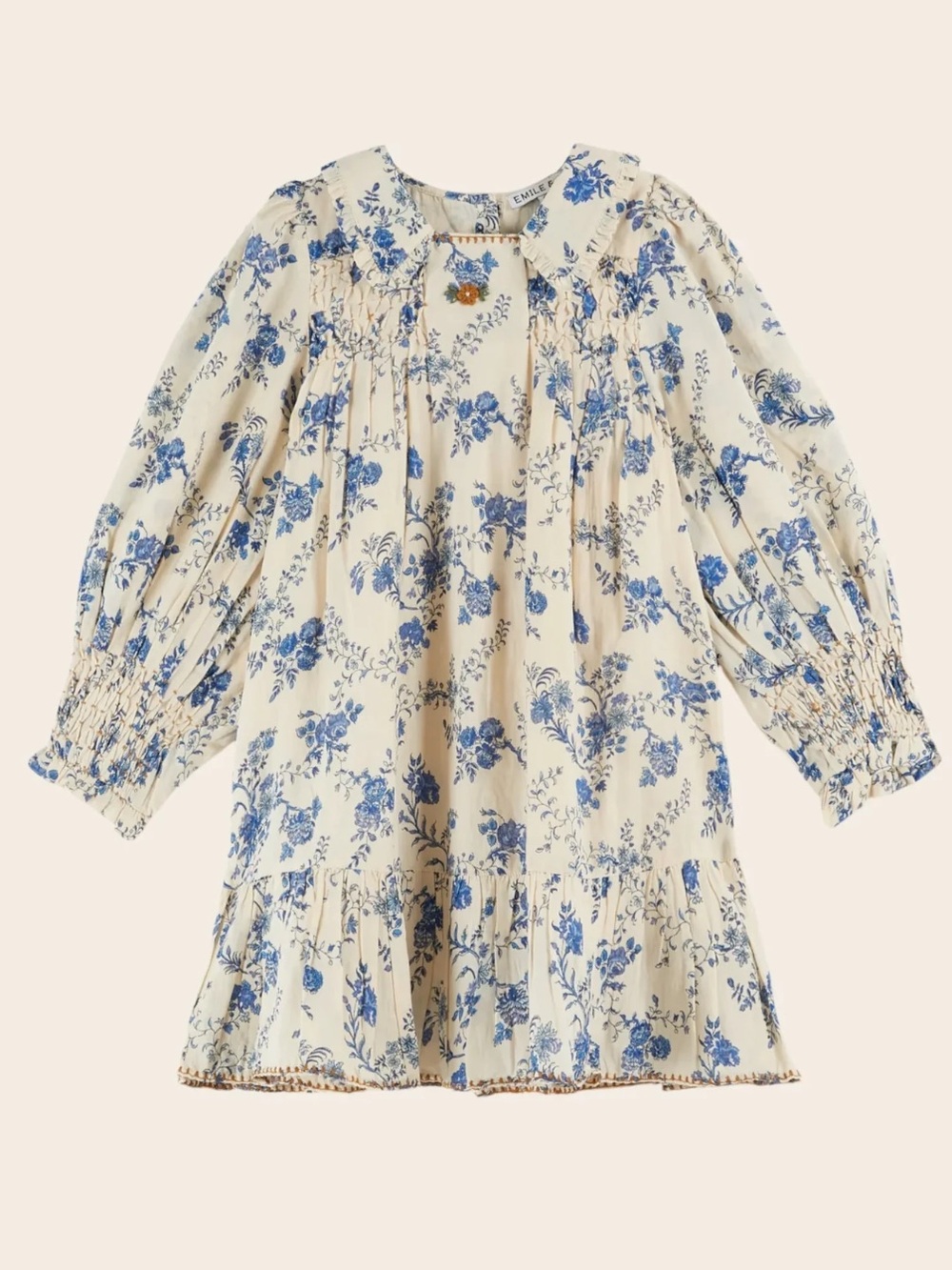 EMILE ET IDA Cream and Blue Floral Smocked Kids' Dress